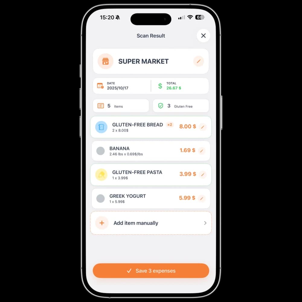 Glutax on iPhone: review the items extracted from a receipt